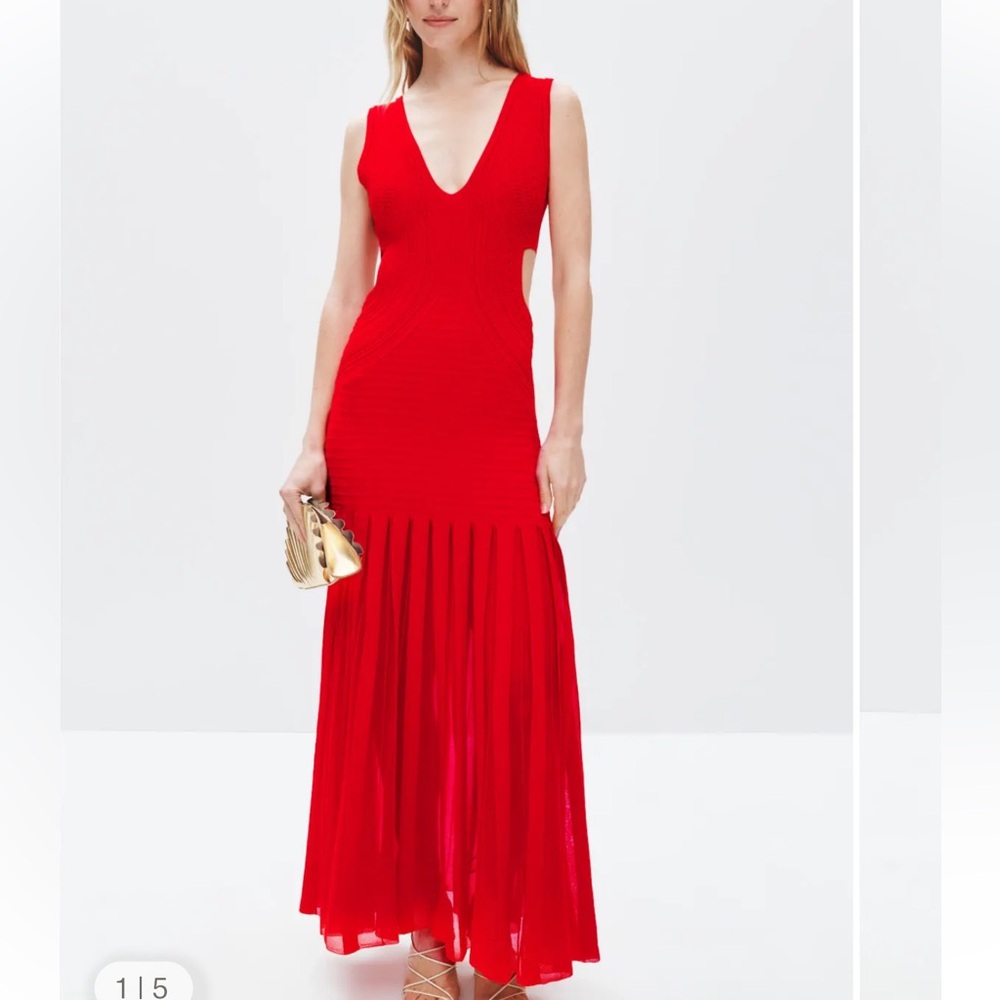 Ronny Kobo Collection Red Asymmetrical Pleated Maxi Dress